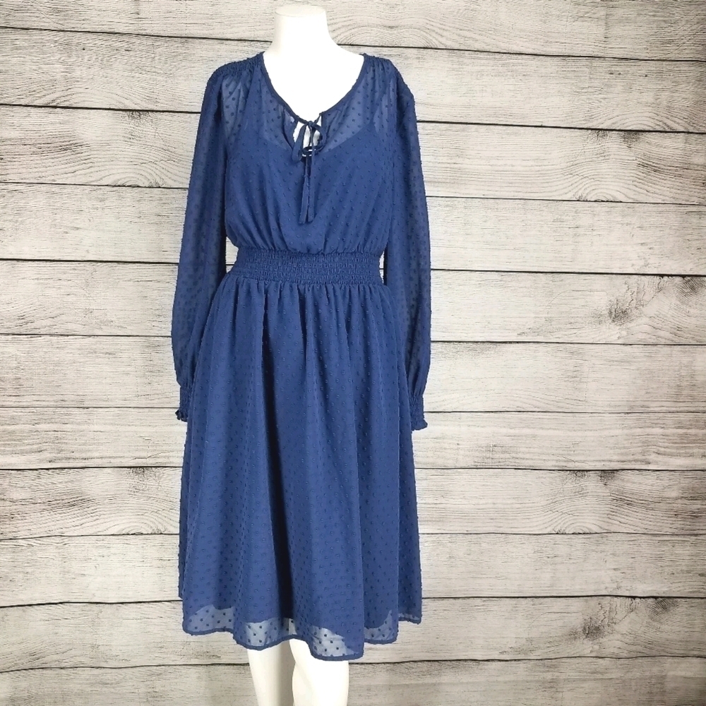 Modcloth S Blouson Fit & Flare Midi Dress long sleeves Blue Preppy Date Romantic